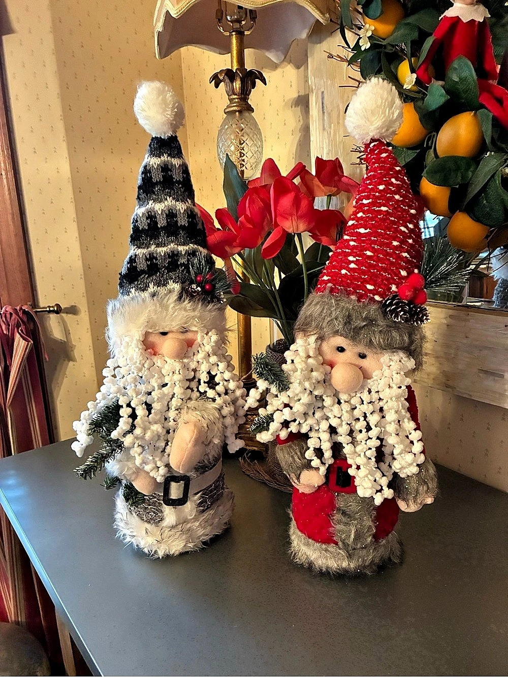 2 NEW SANTA GNOMES, weighted bottom figures, Polyester fiber material.